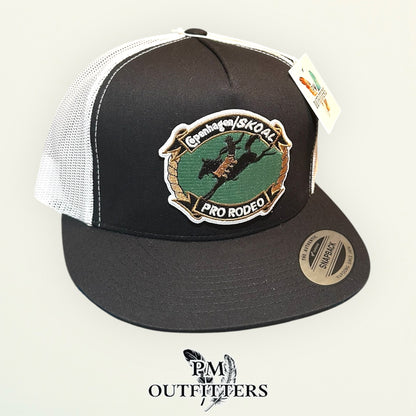 Copenhagen Skoal Pro Rodeo Trucker Hat — PM Outfitters Retro Patch | Yupoong Flat Bill Black White Western Heritage