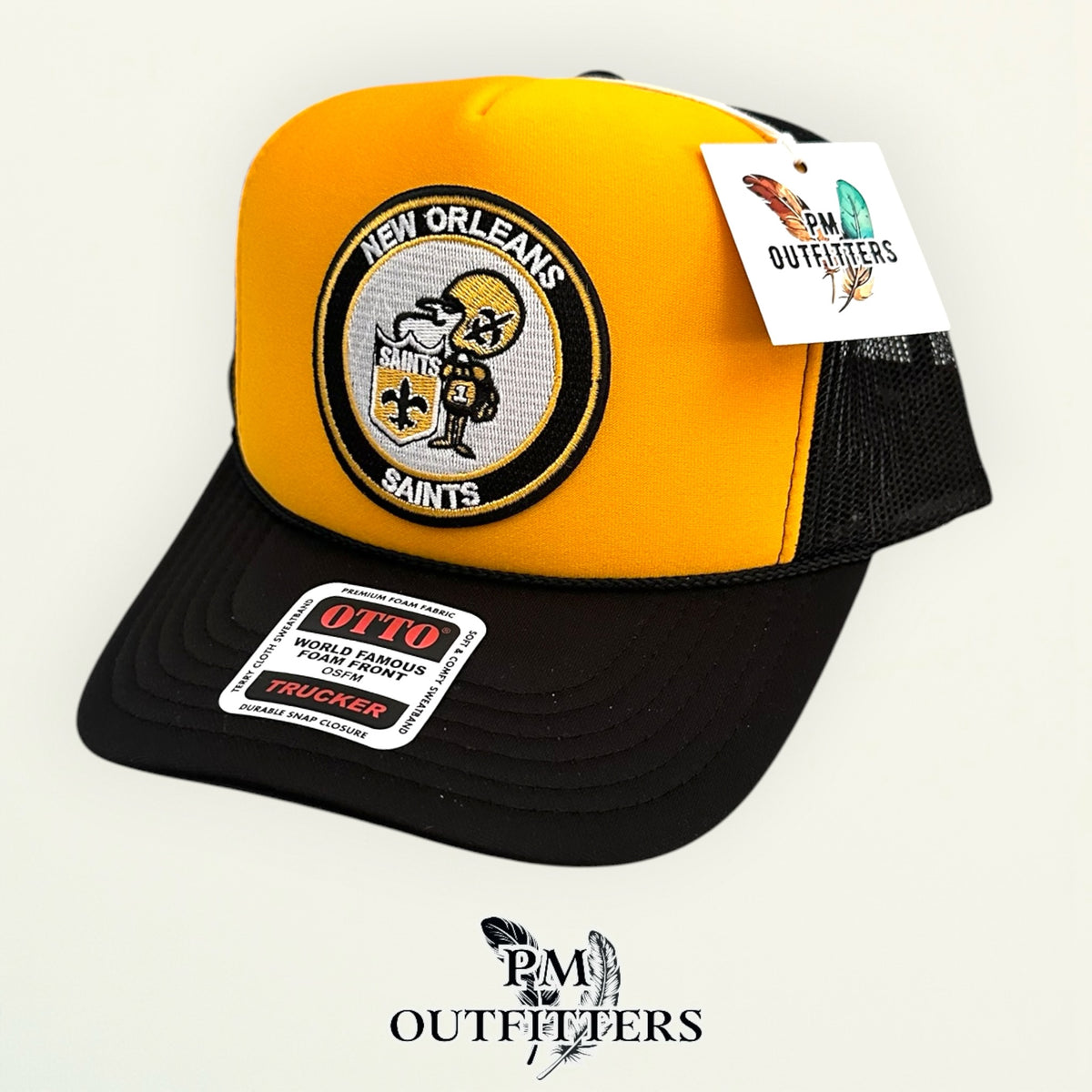 PM Outfitters New Orleans Saints Sir Saint retro embroidered patch Otto foam front rope gold black trucker hat