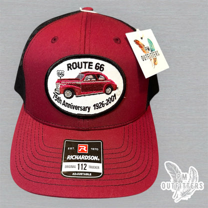 Vintage Route 66 75th Anniversary Patch Trucker Hat - Richardson 112 Maroon Black
