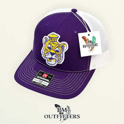 PM Outfitters LSU vintage tiger mascot embroidered patch Richardson 112 purple white trucker hat