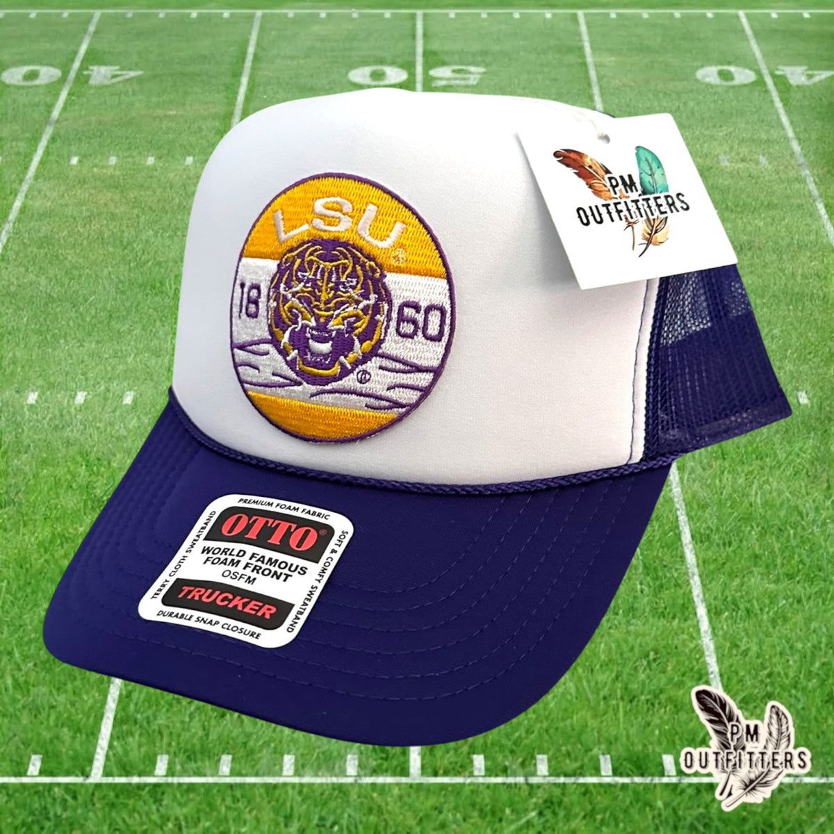 PM Outfitters LSU Tigers 1860 embroidered patch Otto foam front rope white purple trucker hat