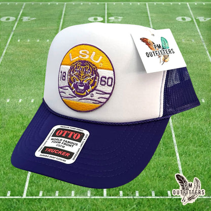 PM Outfitters LSU Tigers 1860 embroidered patch Otto foam front rope white purple trucker hat