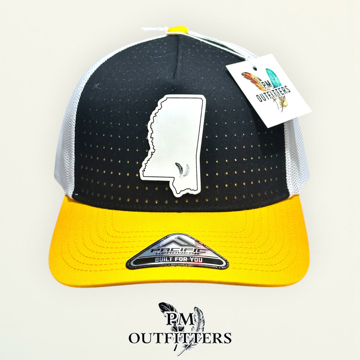 PM Outfitters Southern Miss white vegan leather state outline patch Pacific Headwear 105P black gold white trucker hat