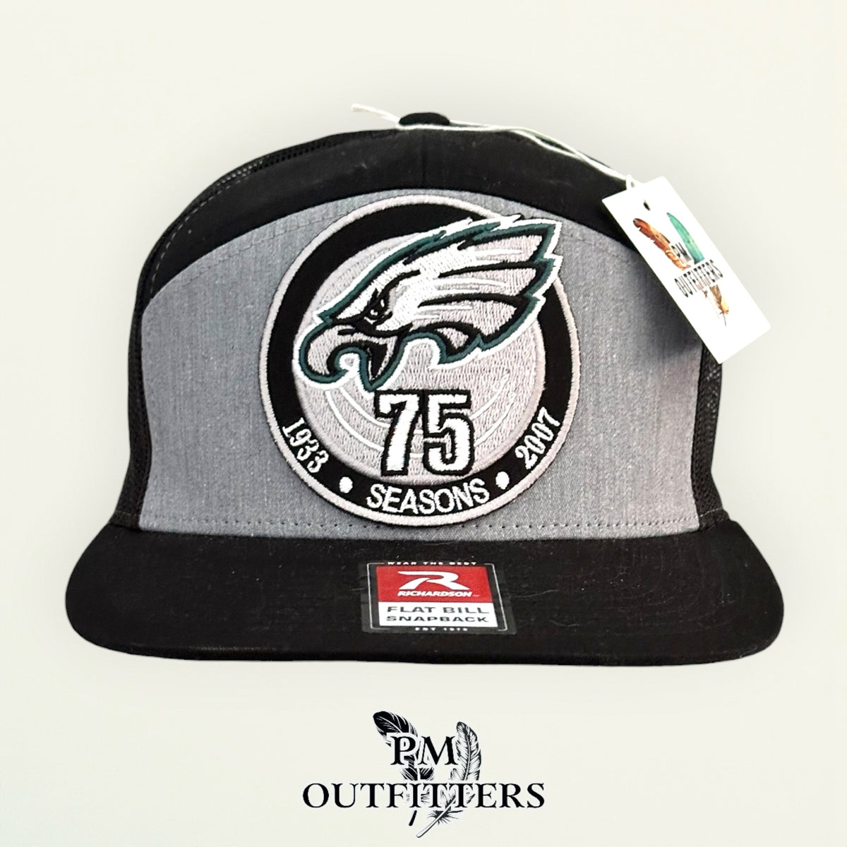 PM Outfitters Philadelphia Eagles 75th Anniversary embroidered patch Richardson 168 black gray trucker hat