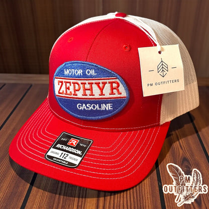 Vintage Zephyr Motor Oil & Gasoline Trucker Hat - Red & White Richardson 112