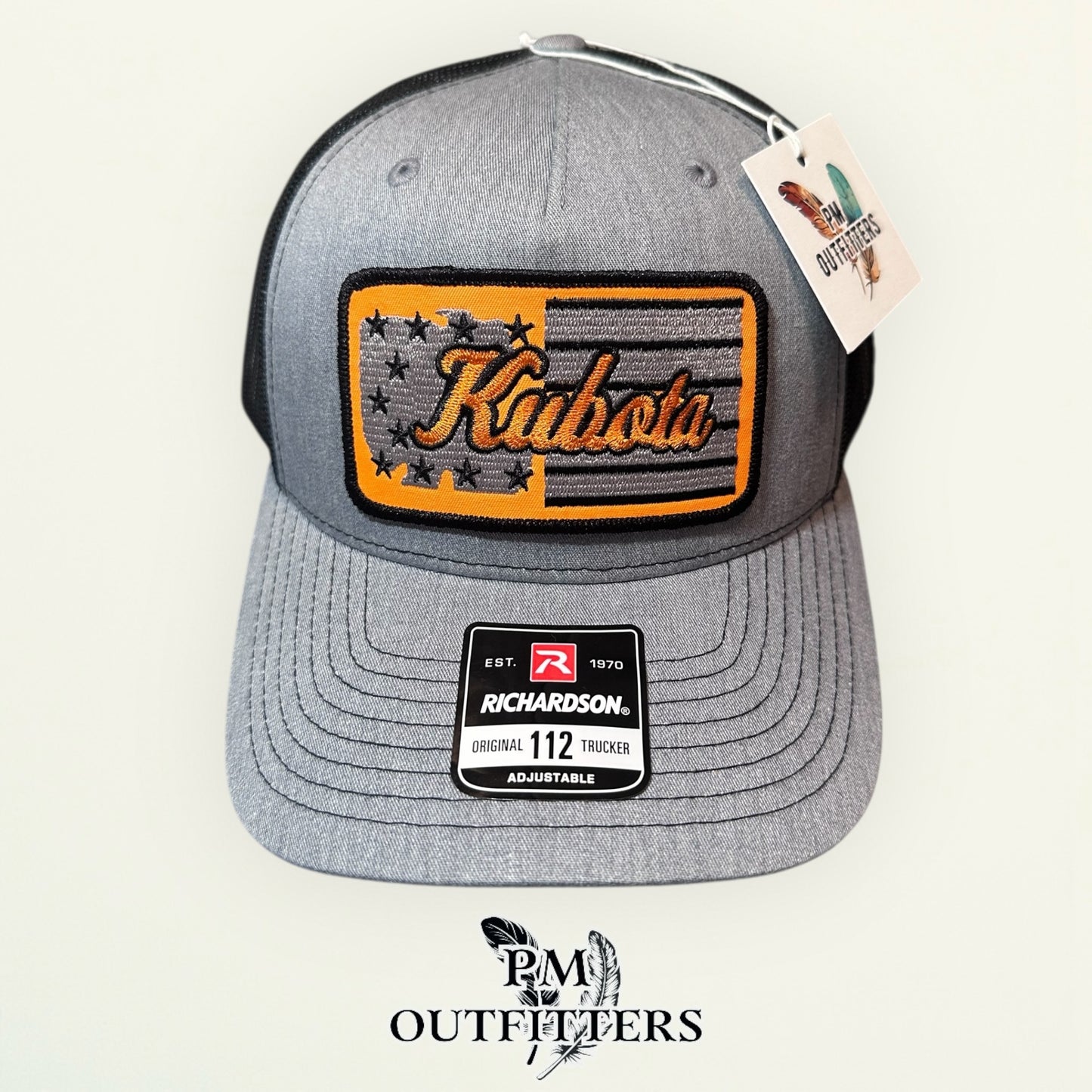 Kubota American Flag Trucker Hat | PM Outfitters Retro Patch Series | Richardson 112 Heather Gray & Black