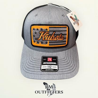 Kubota American Flag Trucker Hat | PM Outfitters Retro Patch Series | Richardson 112 Heather Gray & Black
