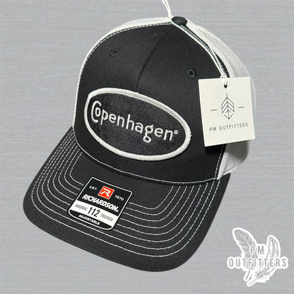 Copenhagen Logo Embroidered Patch on Black and White Richardson 112 Trucker Hat