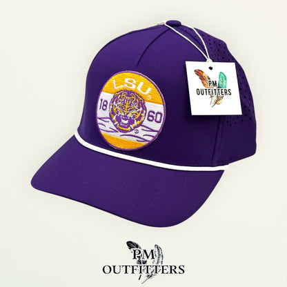 PM Outfitters LSU 1860 embroidered patch Outdoor Cap OC551PF purple white performance rope cap