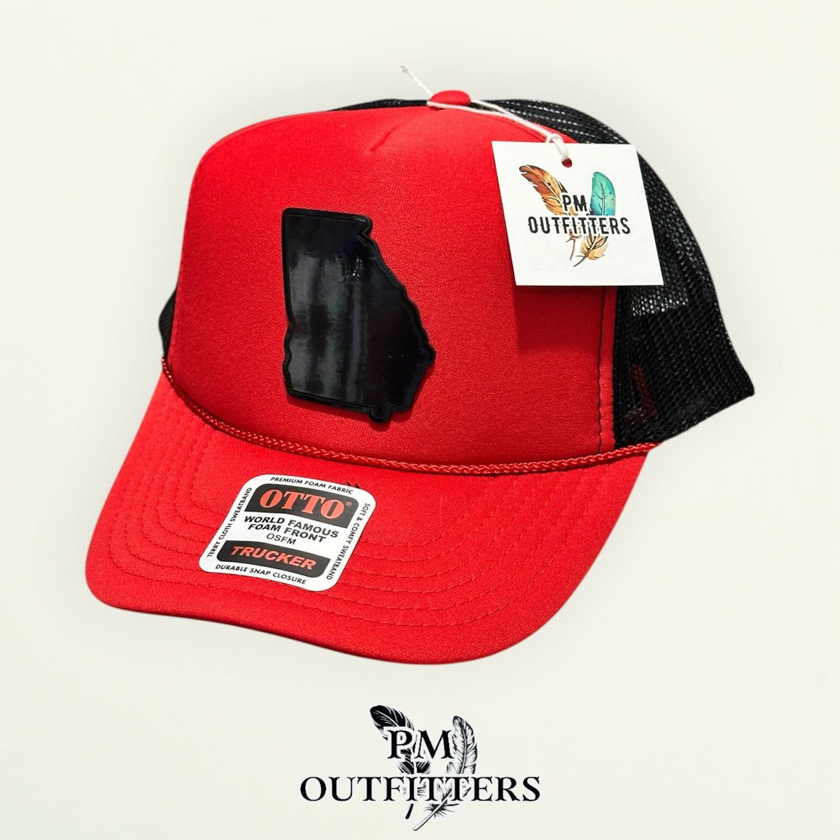 PM Outfitters Georgia Bulldogs holographic vegan leather state outline patch Otto foam front rope red black trucker hat