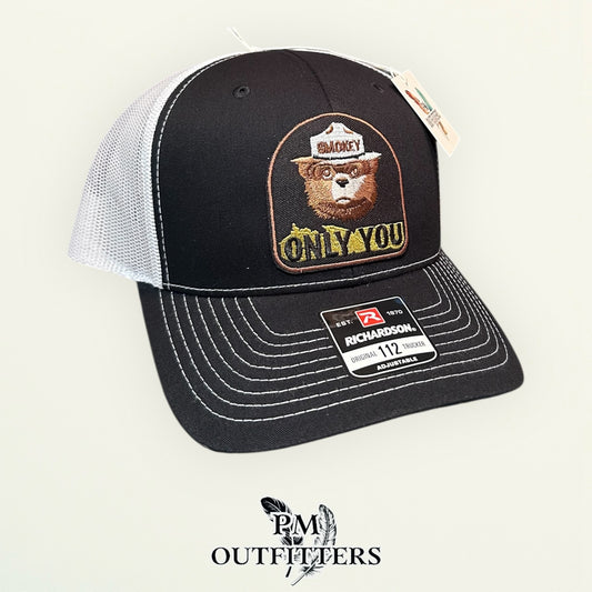 Smokey Bear Only You Trucker Hat — PM Outfitters Retro Patch | Richardson 112 Black White