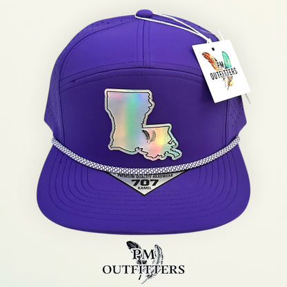PM Outfitters LSU Tailgate Season holographic vegan leather Louisiana state outline patch trucker hat Baton Rouge two-feather logo purple gold
