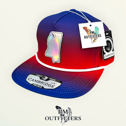 PM Outfitters Ole Miss Tailgate Season holographic vegan leather Mississippi state outline patch trucker hat Oxford two-feather logo blue red gradient