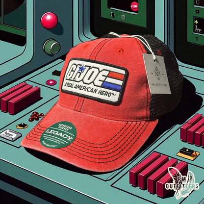 Red & Black Legacy Dashboard Trucker Hat – Embroidered G.I. Joe Patch | Retro Mesh Cap