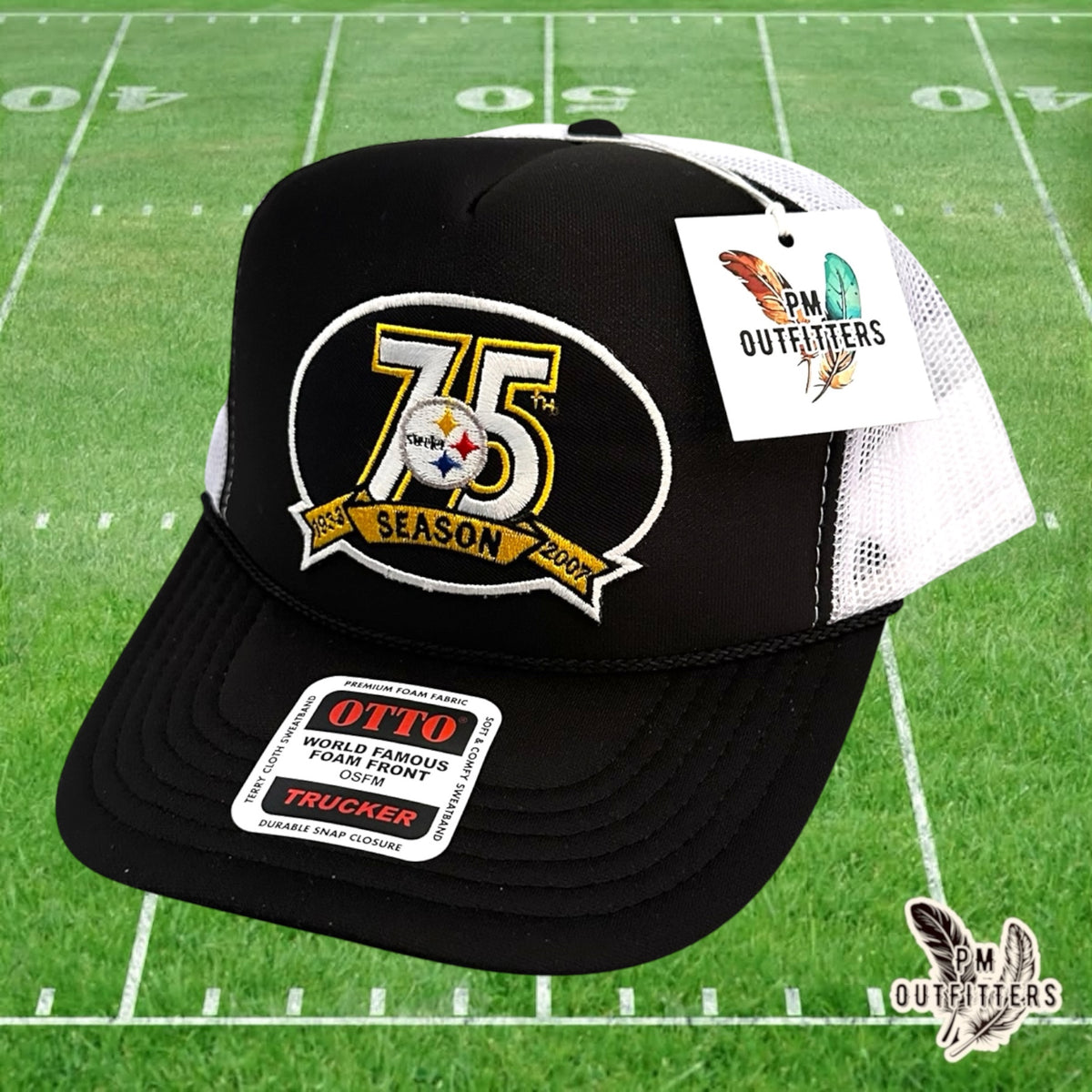 PM Outfitters Pittsburgh Steelers 75th Anniversary embroidered patch Otto foam front rope black white trucker hat