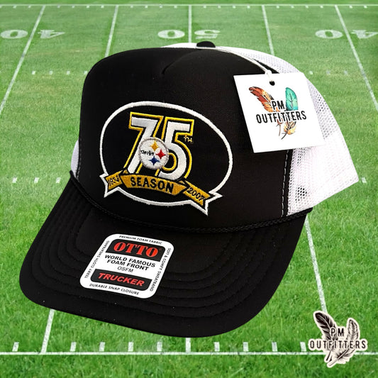 PM Outfitters Pittsburgh Steelers 75th Anniversary embroidered patch Otto foam front rope black white trucker hat