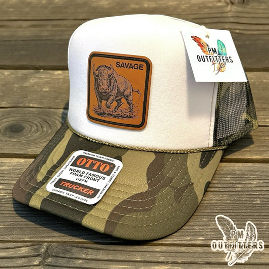 SAVAGE Wild Boar Laser Engraved Patch Hat | Otto Foam Rope Trucker White Camo | PM Outfitters Exclusive Design