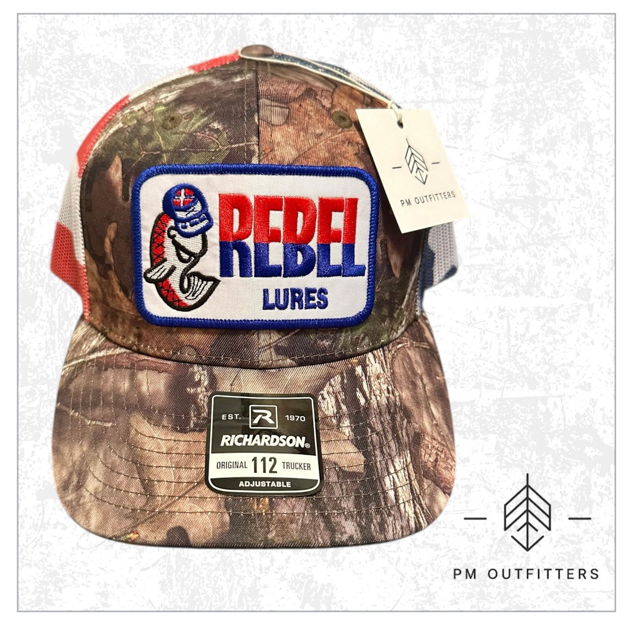 Rebel Lures Patch on Camo & American Flag Trucker Hat