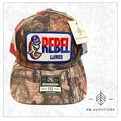 Rebel Lures Patch on Camo & American Flag Trucker Hat