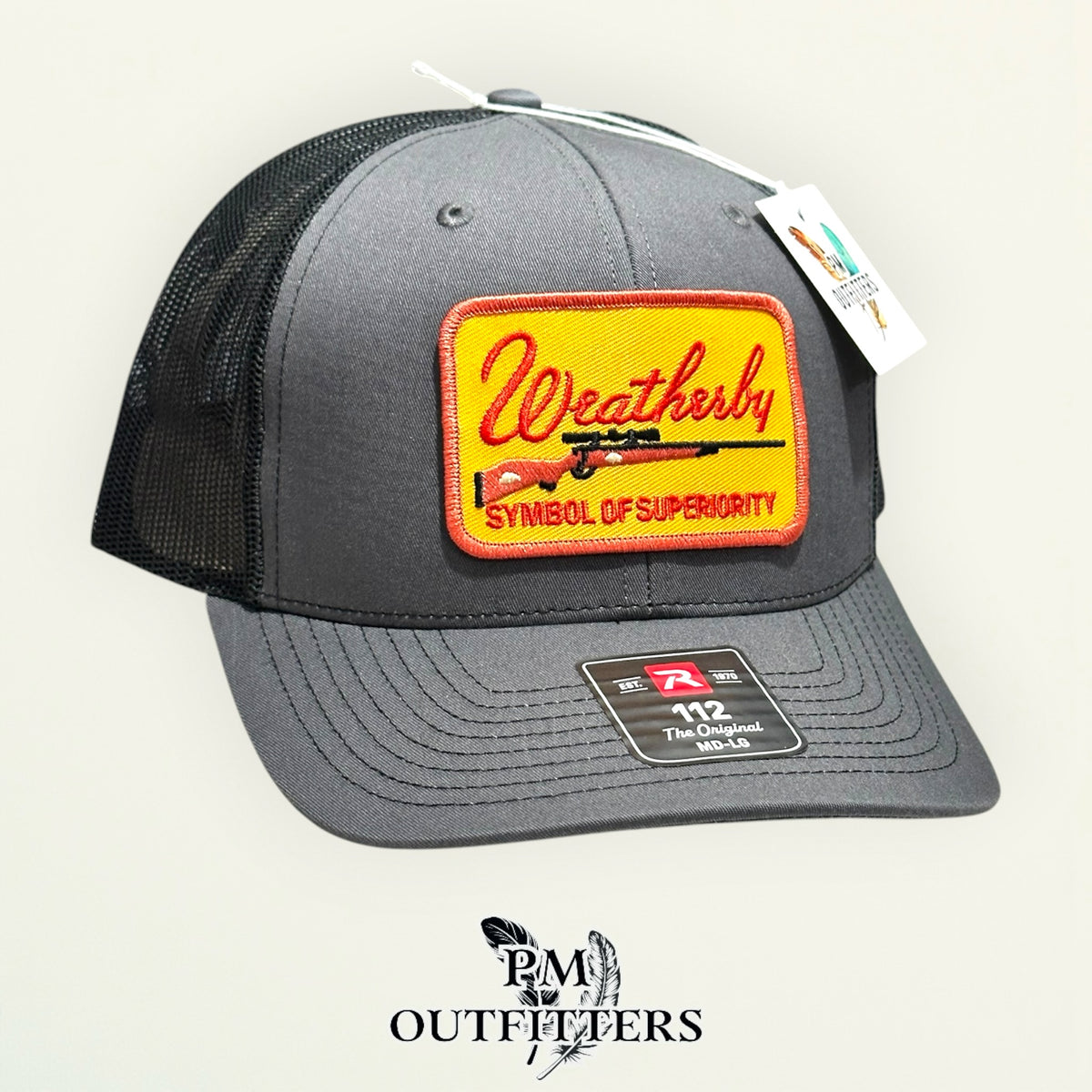 Weatherby trucker hat profile view charcoal front black mesh