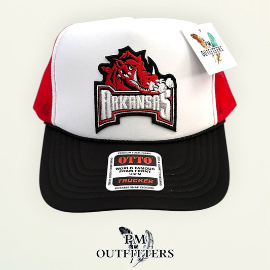 PM Outfitters Arkansas Razorbacks retro wordmark patch Otto foam front rope red black white trucker hat
