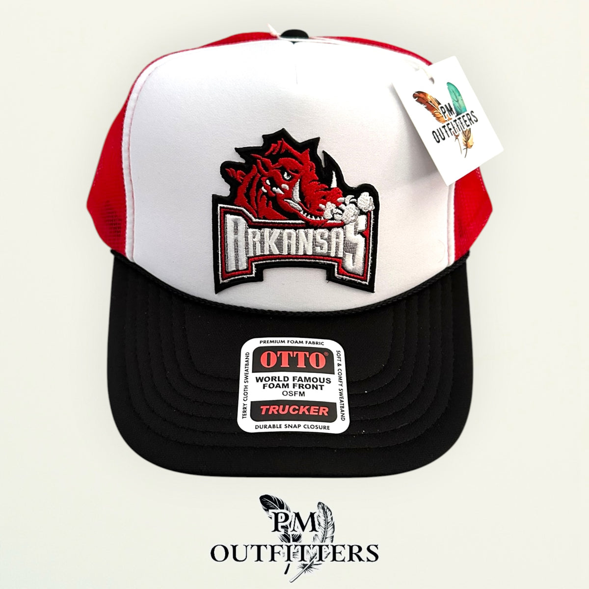 PM Outfitters Arkansas Razorbacks retro wordmark patch Otto foam front rope red black white trucker hat