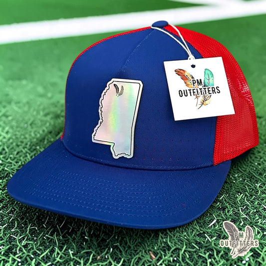 PM Outfitters Ole Miss Tailgate Season holographic vegan leather Mississippi state outline patch trucker hat Oxford two-feather logo blue red