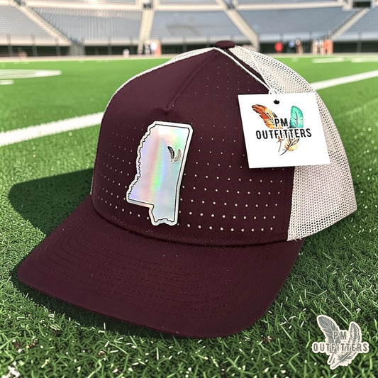 PM Outfitters Mississippi State Tailgate Season holographic vegan leather Mississippi state outline patch trucker hat Starkville two-feather logo maroon white