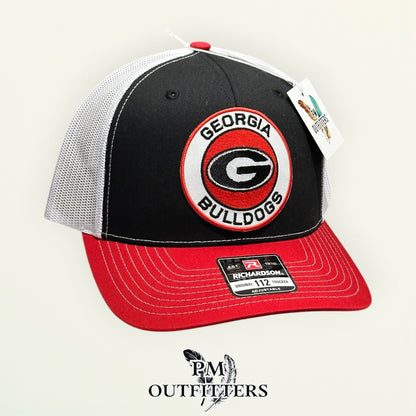 PM Outfitters Georgia Bulldogs circular logo embroidered patch Richardson 112 black white red trucker hat