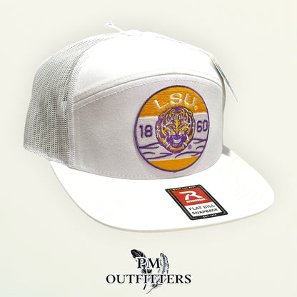LSU Tigers Retro Badge Trucker Hat | PM Outfitters Richardson 168 All White Flat Bill | Geaux Tigers