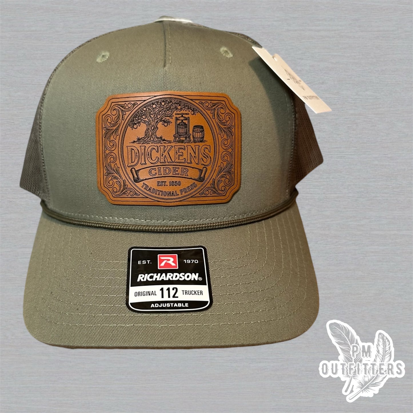 Dickens Cider Trucker Hat - Custom Leatherette Patch Richardson 112 Rope Hat | Loden Green Humor Cap