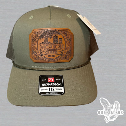 Dickens Cider Trucker Hat - Custom Leatherette Patch Richardson 112 Rope Hat | Loden Green Humor Cap