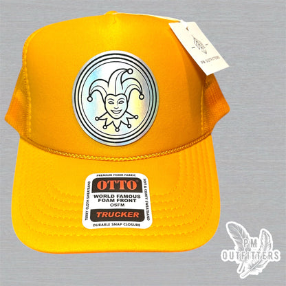 Mardi Gras Holographic Jester Doubloon Trucker Hat - Gold Otto Foam Front