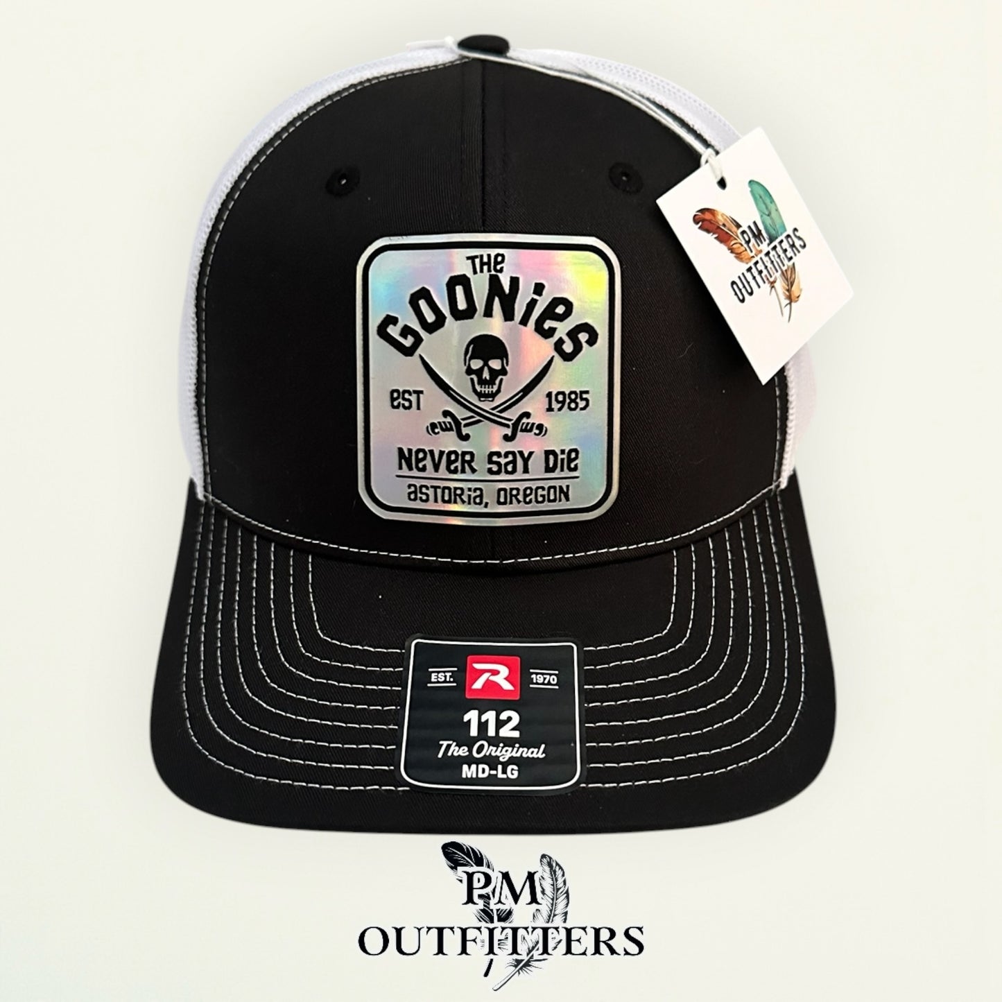 The Goonies Never Say Die Trucker Hat – PM Outfitters Holographic Vegan Leather Patch | Richardson 112 Black White