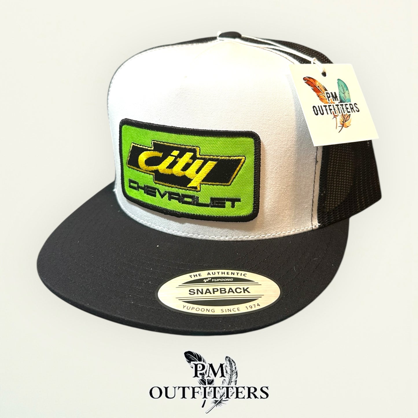 City Chevrolet Days of Thunder Trucker Hat — PM Outfitters Retro Patch | Yupoong Flat Bill White Black NASCAR Heritage