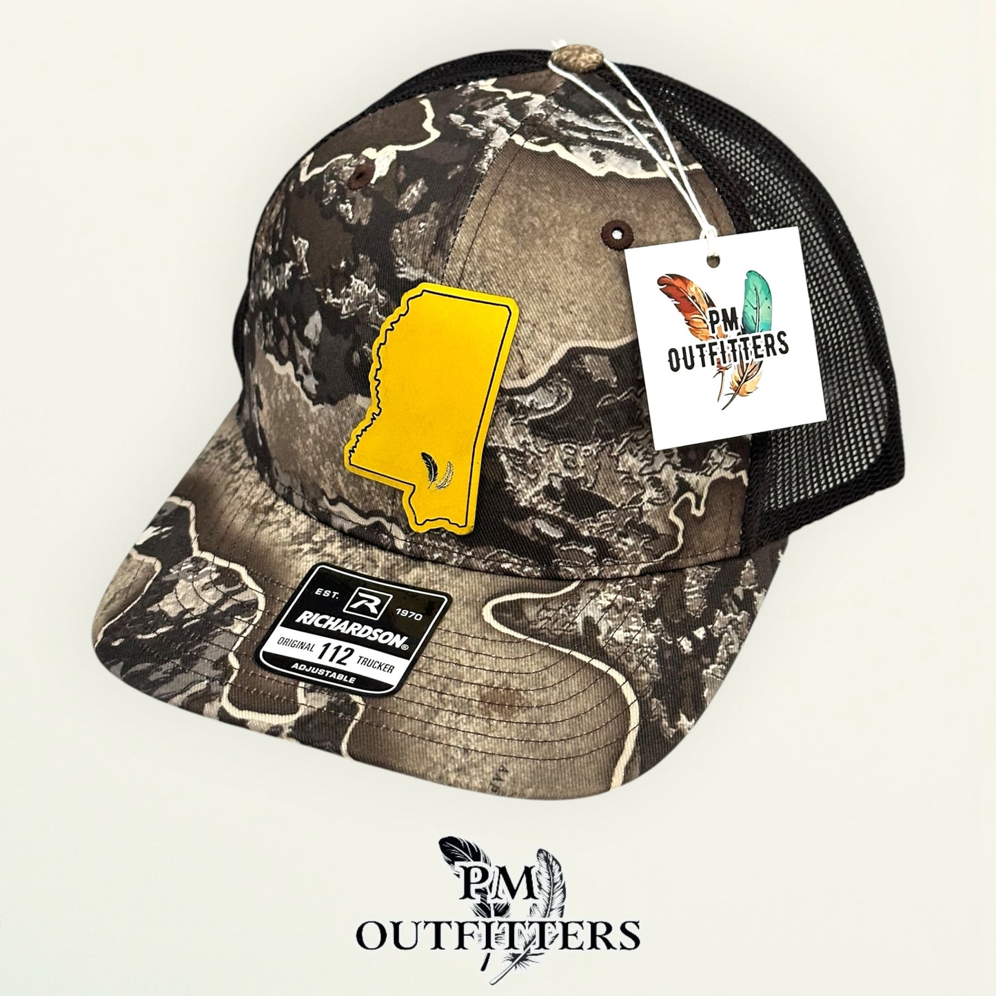 PM Outfitters Southern Miss Tailgate Season gold black vegan leather patch Richardson 112 Realtree Excape camo trucker hat