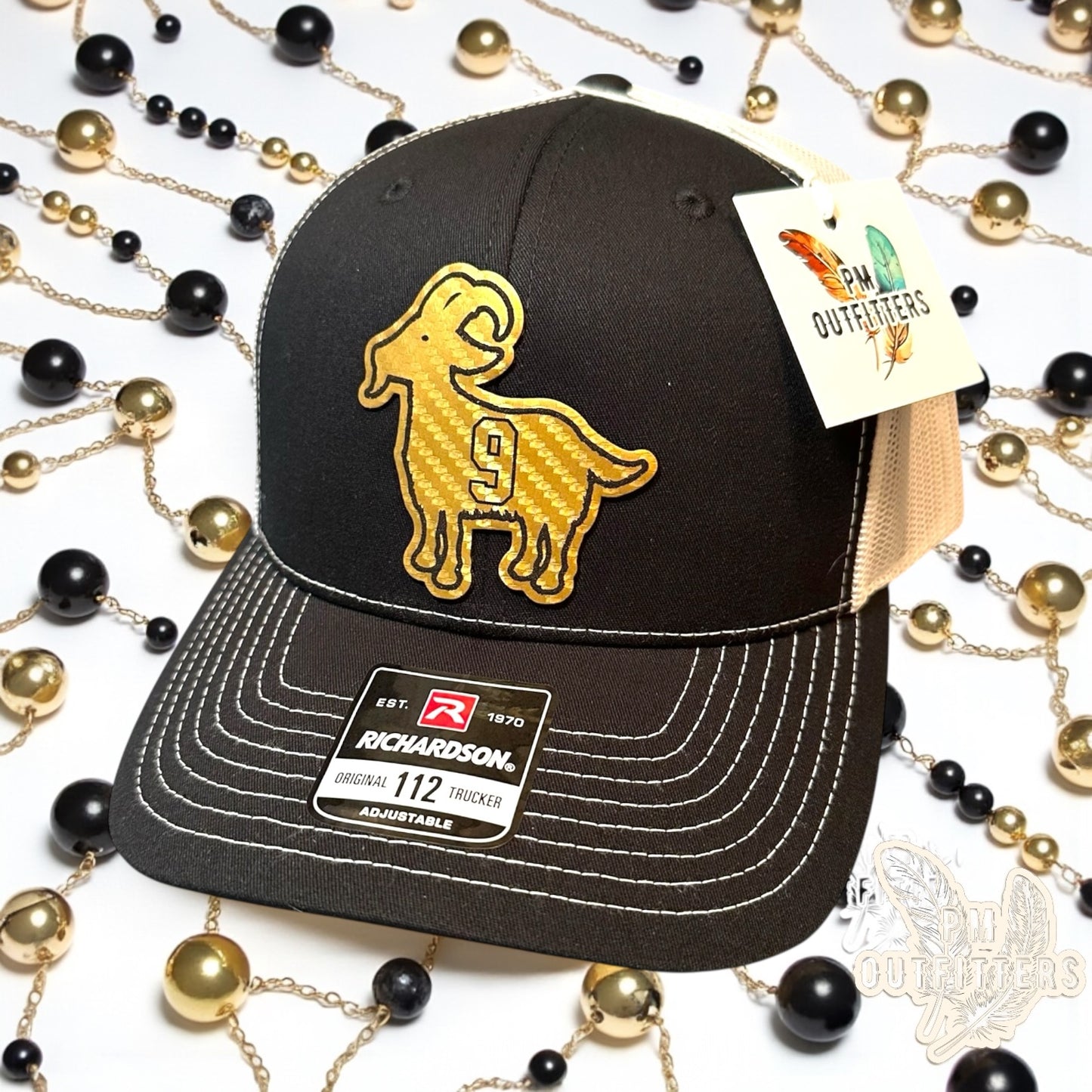 Drew Brees GOAT Hat - PM Outfitters Gold Carbon Fiber Laser | Richardson 112 Black White Saints #9