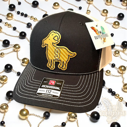 Drew Brees GOAT Hat - PM Outfitters Gold Carbon Fiber Laser | Richardson 112 Black White Saints #9
