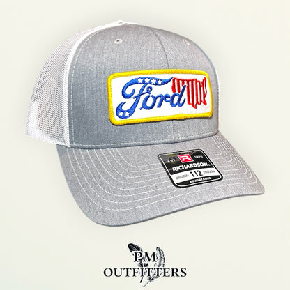 Ford USA Patriotic Patch Trucker Hat - PM Outfitters | Richardson 112 Heather Gray White American Automotive Heritage