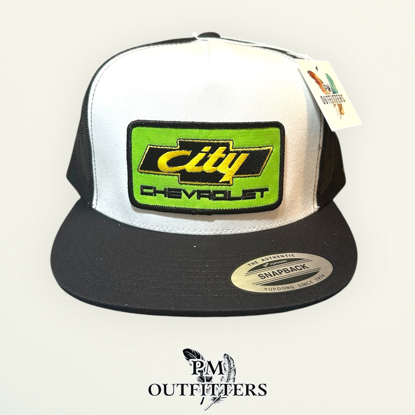 City Chevrolet Days of Thunder Trucker Hat — PM Outfitters Retro Patch | Yupoong Flat Bill White Black NASCAR Heritage