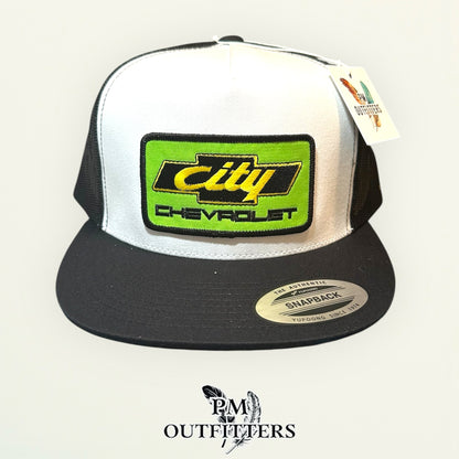 City Chevrolet Days of Thunder Trucker Hat — PM Outfitters Retro Patch | Yupoong Flat Bill White Black NASCAR Heritage