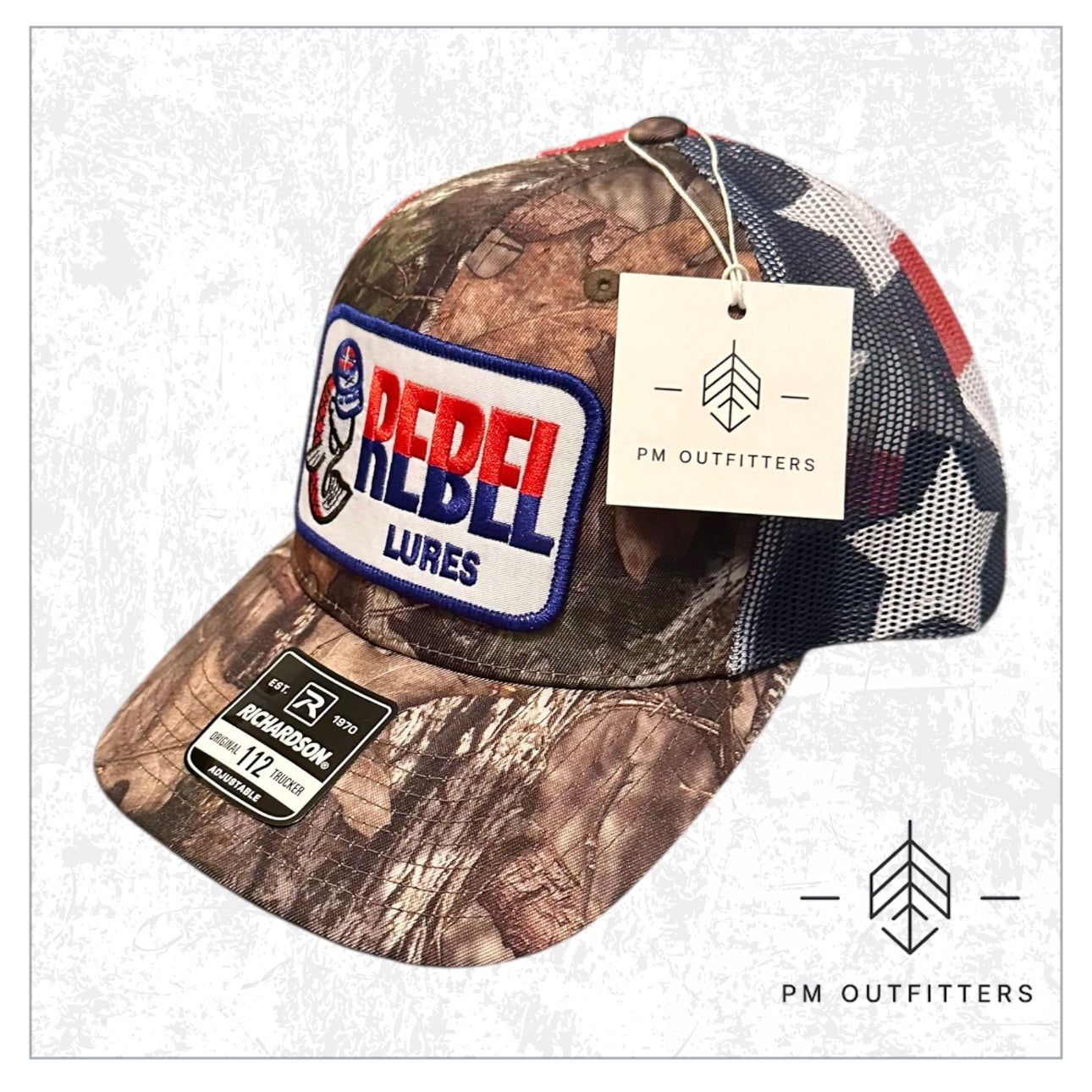 Rebel Lures Patch on Camo & American Flag Trucker Hat