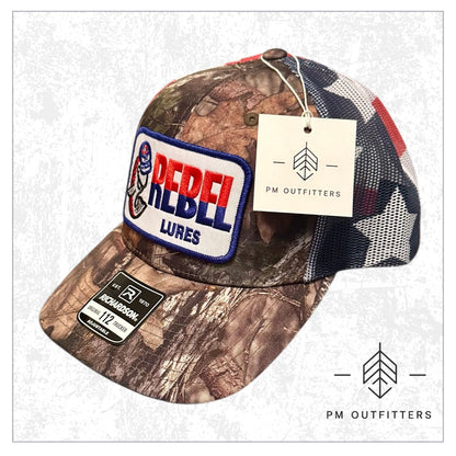 Rebel Lures Patch on Camo & American Flag Trucker Hat