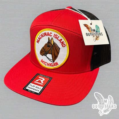Vintage Mackinac Island Michigan Patch Trucker Hat - Richardson 168 Red Black