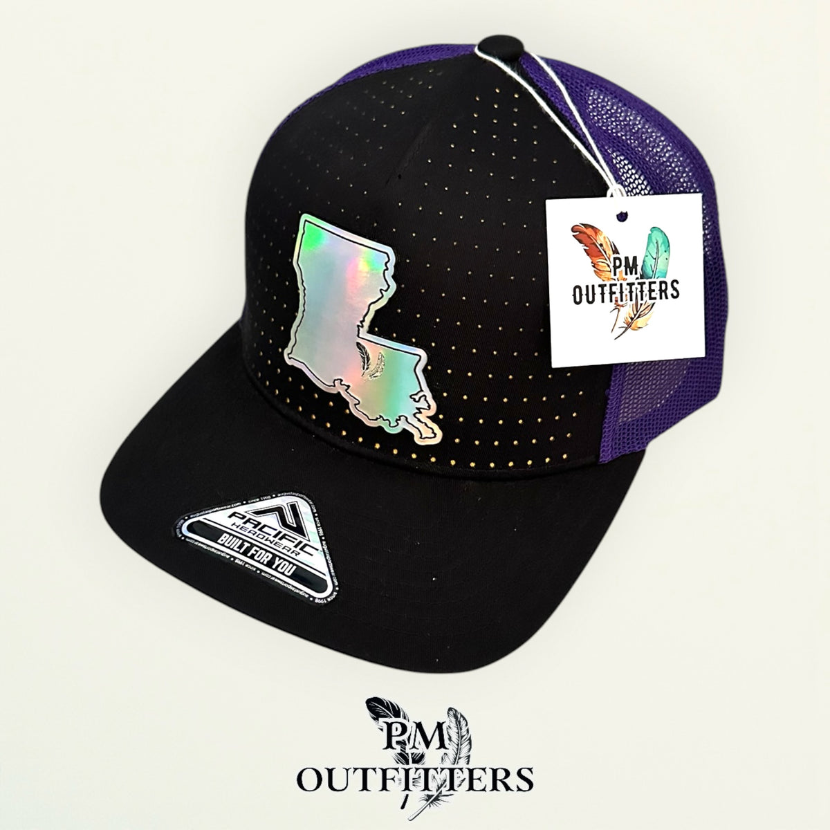 PM Outfitters LSU Tailgate Season holographic vegan leather Louisiana state outline patch trucker hat Baton Rouge two-feather logo purple gold