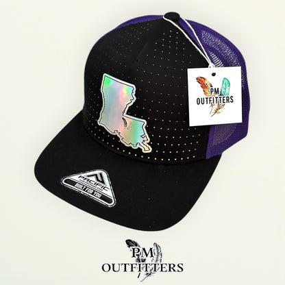PM Outfitters LSU Tailgate Season holographic vegan leather Louisiana state outline patch trucker hat Baton Rouge two-feather logo purple gold