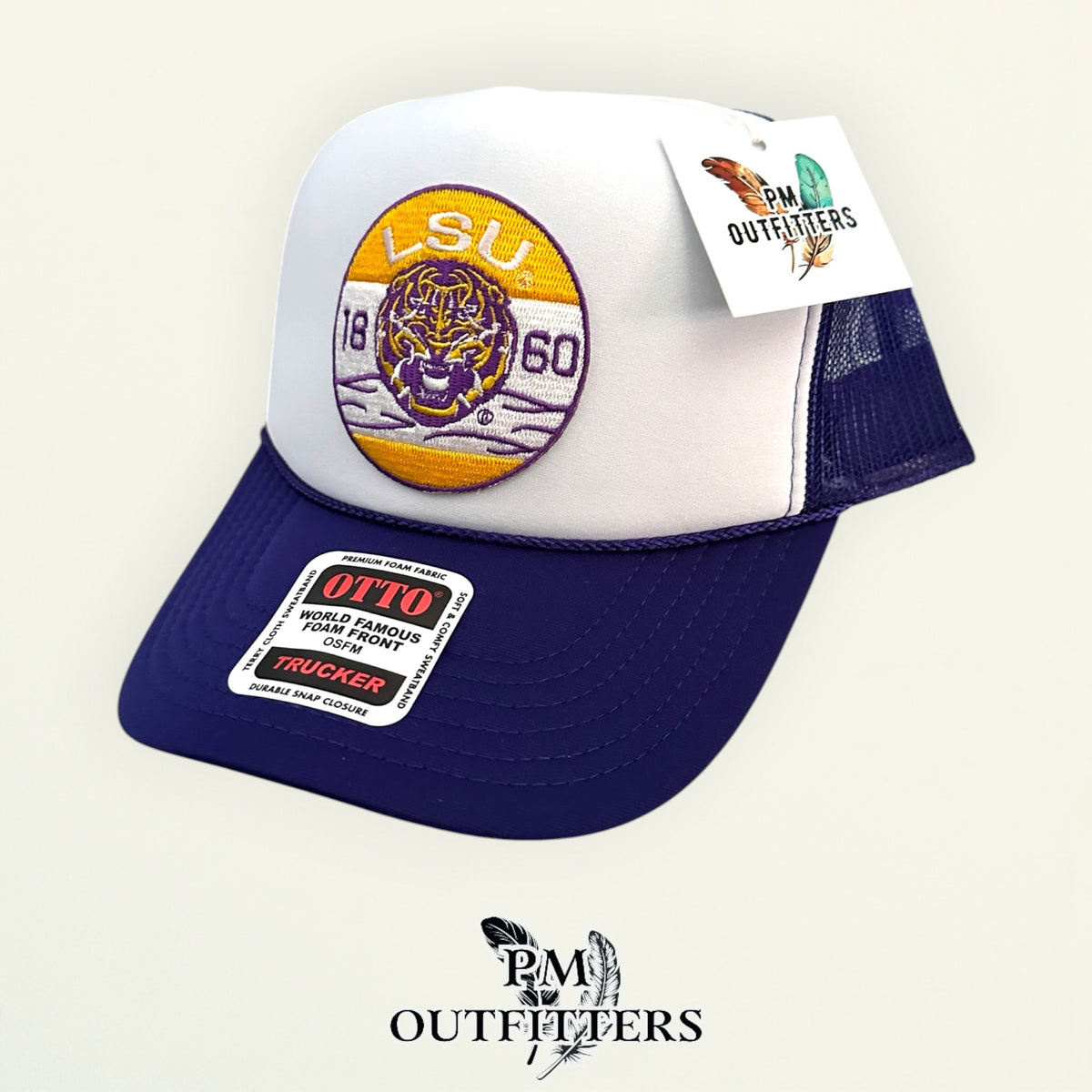 PM Outfitters LSU Tigers 1860 embroidered patch Otto foam front rope white purple trucker hat