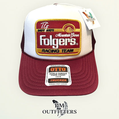 TG Sheppard's Folgers Racing Team Trucker Hat — Otto Foam Rope Trucker | White & Maroon
