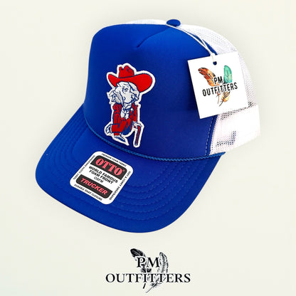PM Outfitters Ole Miss Colonel Reb retro mascot patch Otto foam front rope royal blue white trucker hat