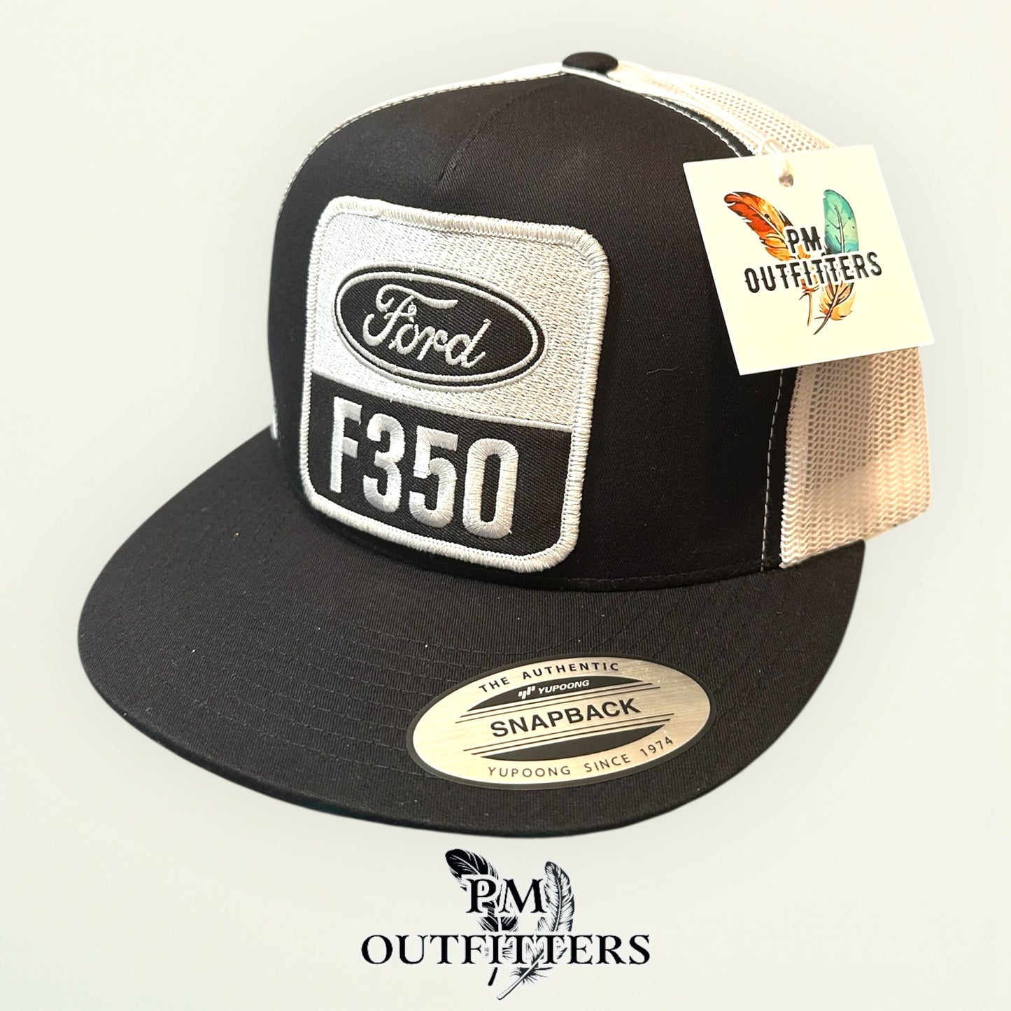 Ford F350 Trucker Hat — PM Outfitters Retro Patch | Yupoong Flat Bill Black White American Truck Heritage